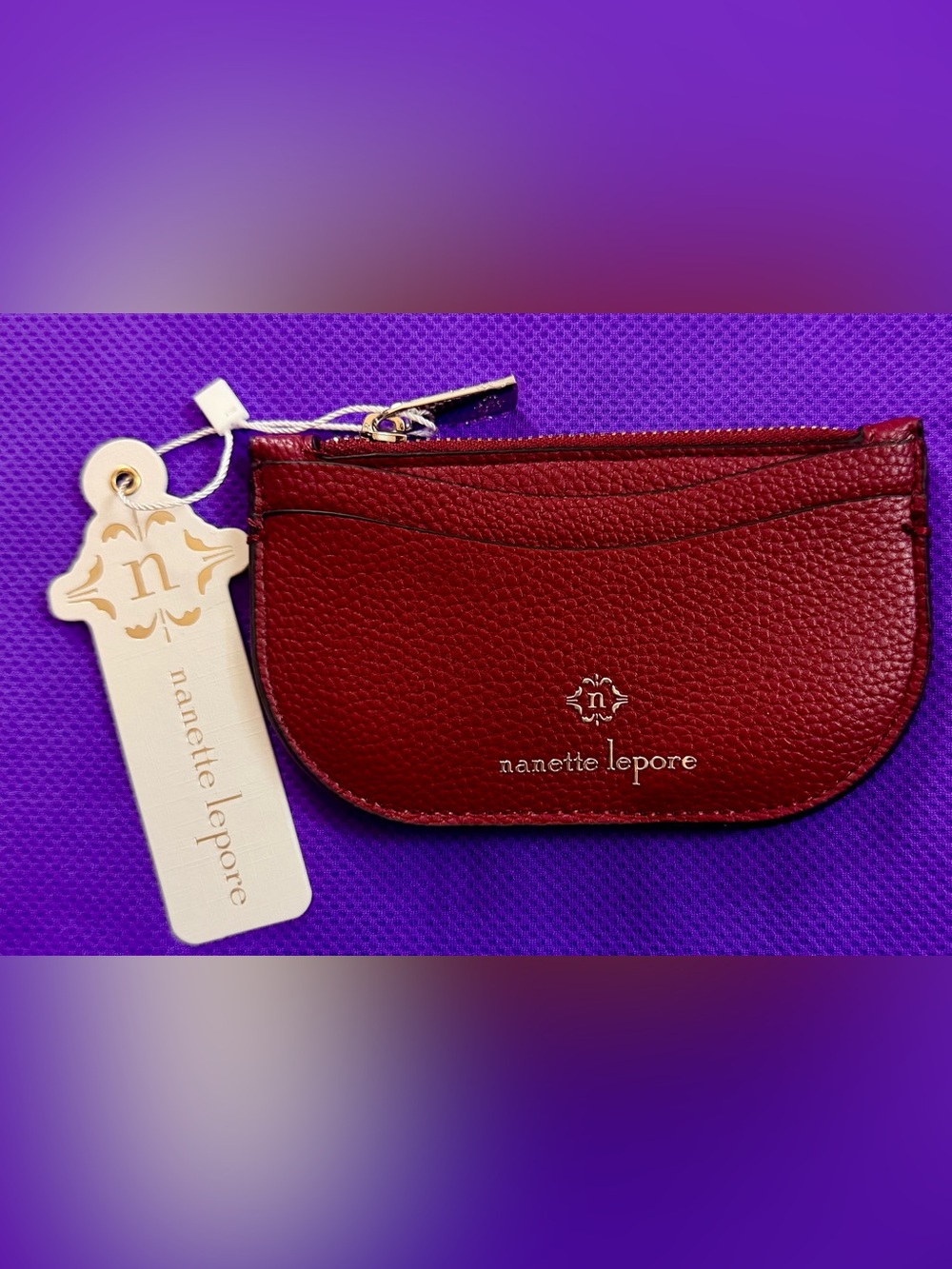 Nanette Lepore Wine Red Pebbled Leather Card Pouch